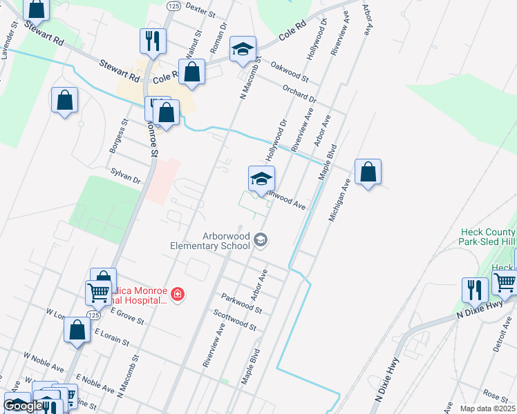 map of restaurants, bars, coffee shops, grocery stores, and more near 1135 Riverview Avenue in Monroe