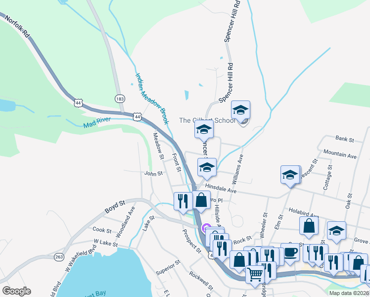 map of restaurants, bars, coffee shops, grocery stores, and more near 30 Upland Road in Winsted