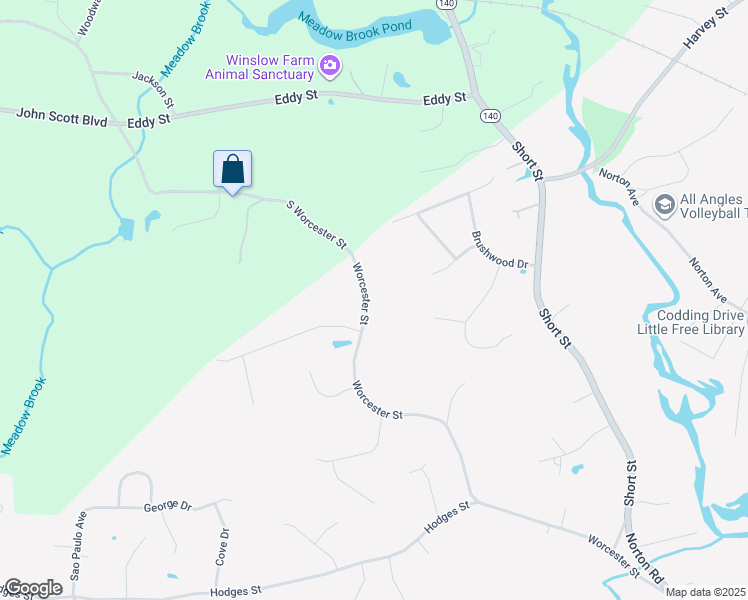 map of restaurants, bars, coffee shops, grocery stores, and more near 175 South Worcester Street in Taunton