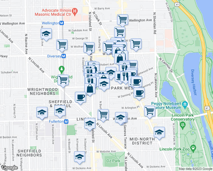 map of restaurants, bars, coffee shops, grocery stores, and more near 700 West Wrightwood Avenue in Chicago