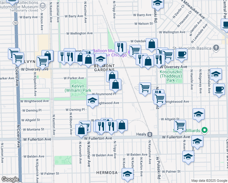 map of restaurants, bars, coffee shops, grocery stores, and more near 2635 N Kildare Ave in Chicago