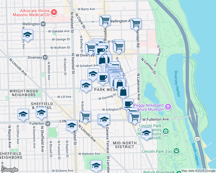 map of restaurants, bars, coffee shops, grocery stores, and more near 610 West Wrightwood Avenue in Chicago