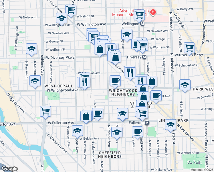 map of restaurants, bars, coffee shops, grocery stores, and more near 2608 North Racine Avenue in Chicago
