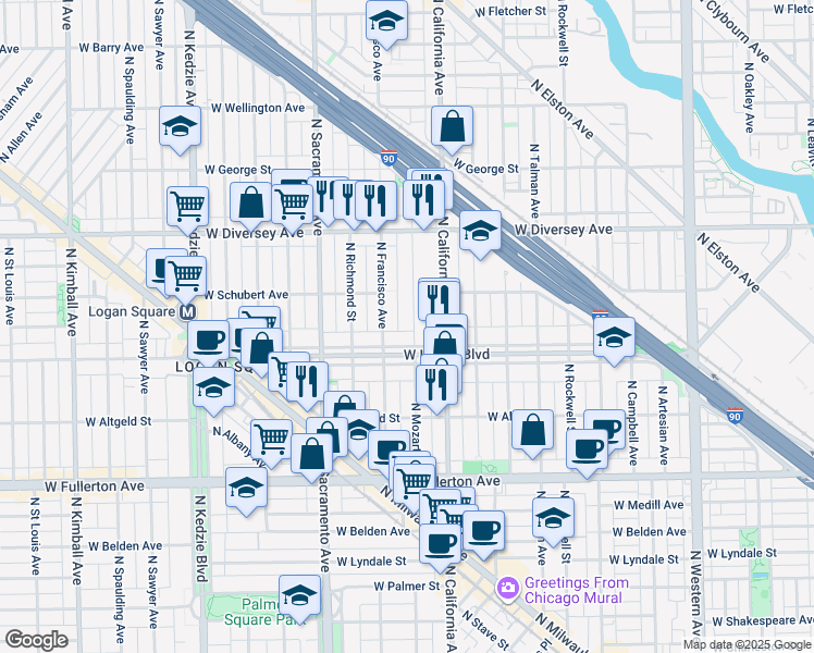 map of restaurants, bars, coffee shops, grocery stores, and more near 2626 North Mozart Street in Chicago
