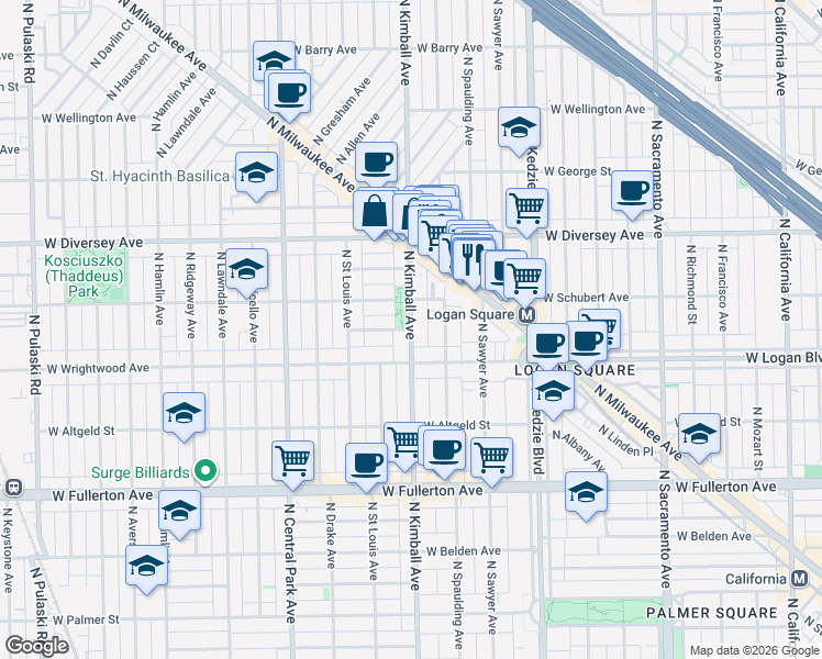 map of restaurants, bars, coffee shops, grocery stores, and more near N Kimball Ave & W Drummond Pl in Chicago