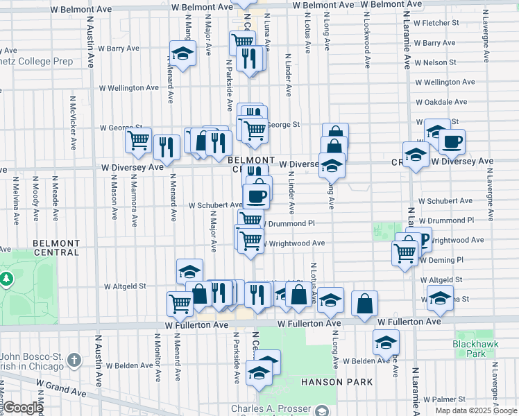map of restaurants, bars, coffee shops, grocery stores, and more near 5532 West Schubert Avenue in Chicago