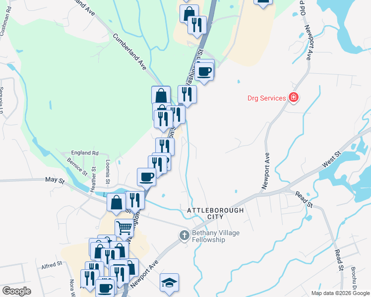 map of restaurants, bars, coffee shops, grocery stores, and more near 147 Cumberland Avenue in Attleboro