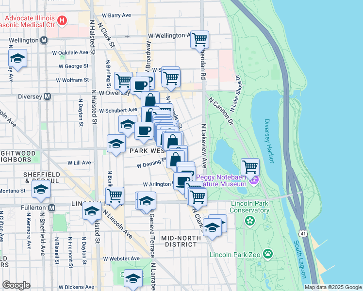 map of restaurants, bars, coffee shops, grocery stores, and more near 2551 North Clark Street in Chicago