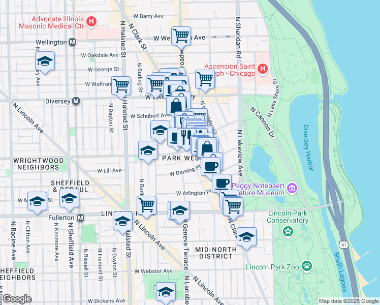 map of restaurants, bars, coffee shops, grocery stores, and more near in Chicago