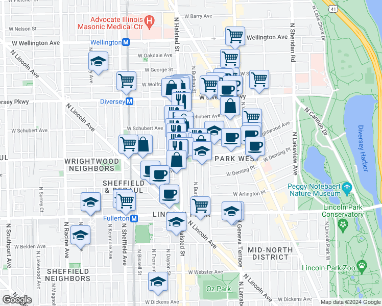 map of restaurants, bars, coffee shops, grocery stores, and more near in Chicago