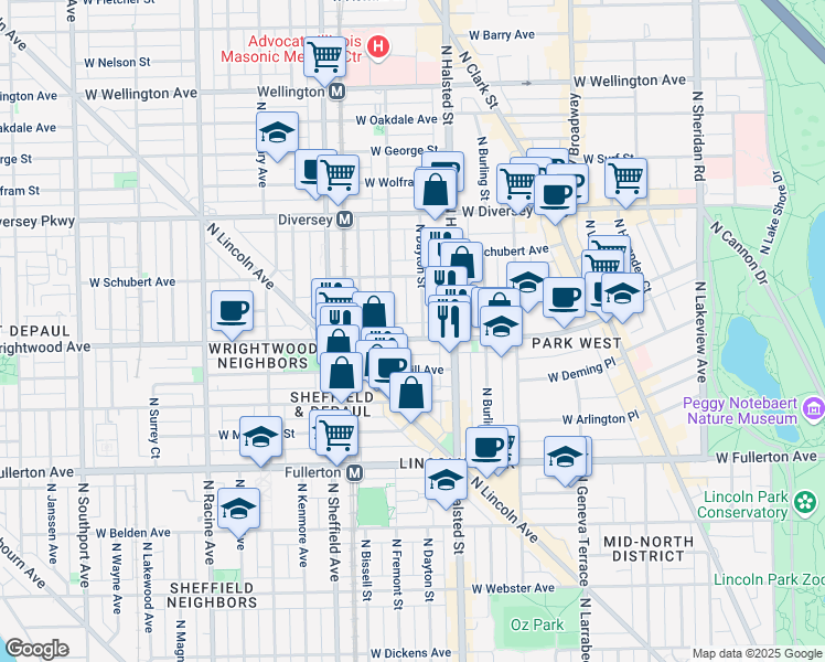 map of restaurants, bars, coffee shops, grocery stores, and more near 2615 North Mildred Avenue in Chicago