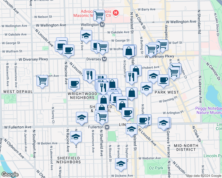map of restaurants, bars, coffee shops, grocery stores, and more near 2610 North Wilton Avenue in Chicago