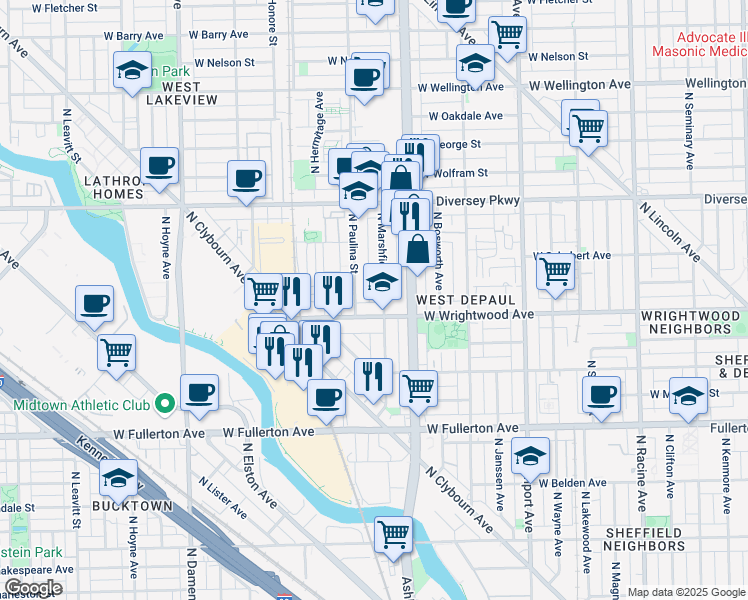 map of restaurants, bars, coffee shops, grocery stores, and more near 2627 North Paulina Street in Chicago