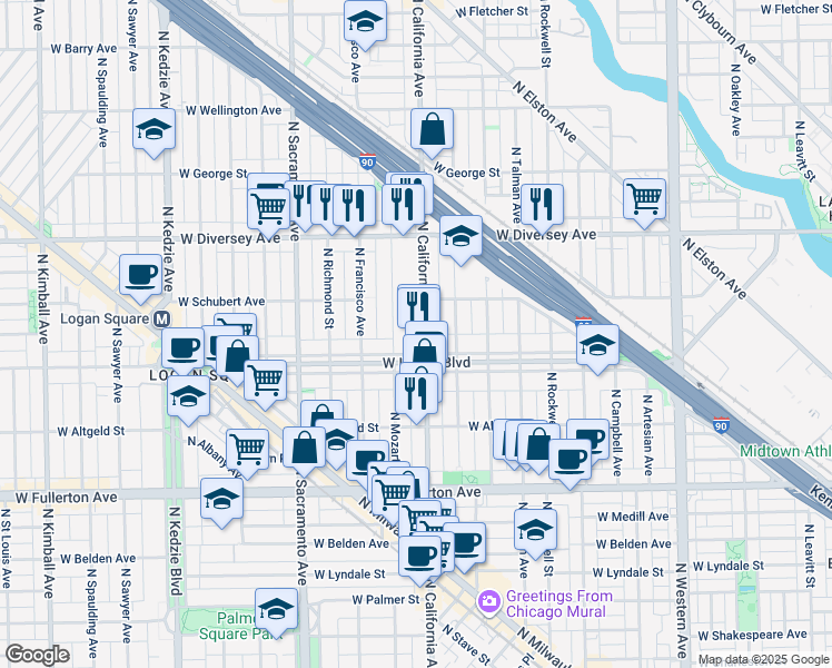 map of restaurants, bars, coffee shops, grocery stores, and more near 2614 North California Avenue in Chicago