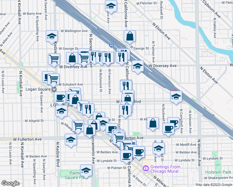 map of restaurants, bars, coffee shops, grocery stores, and more near 2626 North Mozart Street in Chicago