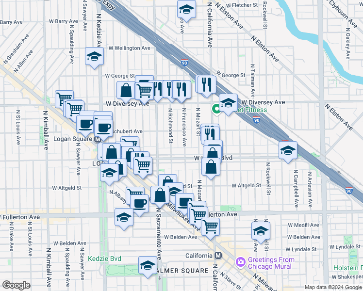 map of restaurants, bars, coffee shops, grocery stores, and more near 2624 North Francisco Avenue in Chicago