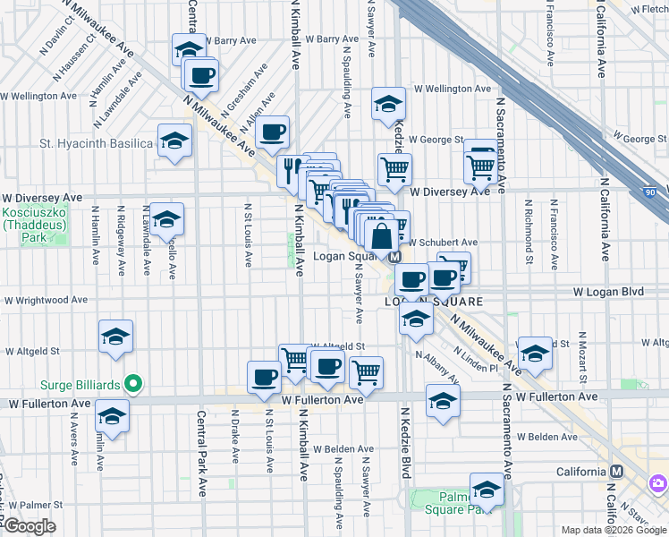 map of restaurants, bars, coffee shops, grocery stores, and more near 2634 North Spaulding Avenue in Chicago