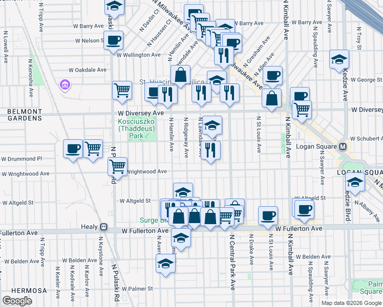 map of restaurants, bars, coffee shops, grocery stores, and more near 2640 North Lawndale Avenue in Chicago