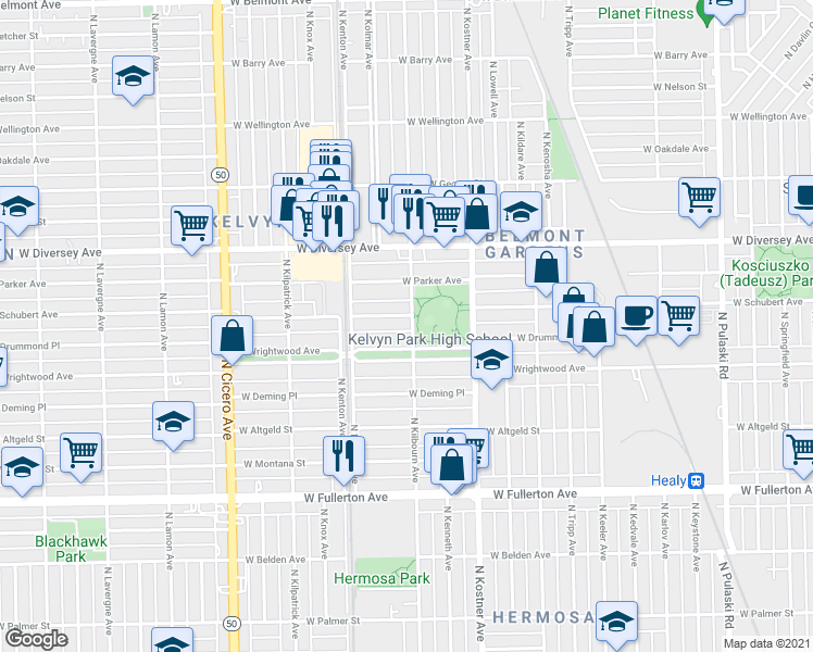 map of restaurants, bars, coffee shops, grocery stores, and more near 4505 West Schubert Avenue in Chicago