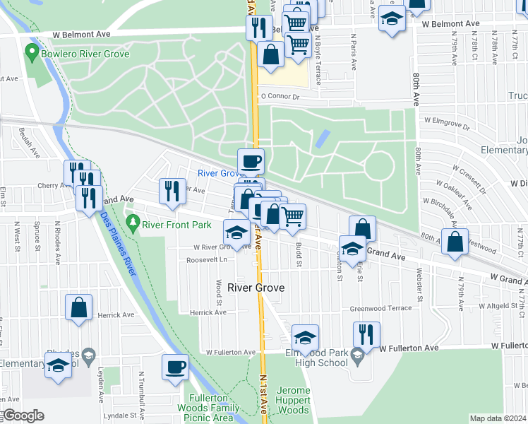 map of restaurants, bars, coffee shops, grocery stores, and more near 2725 Thatcher Avenue in River Grove