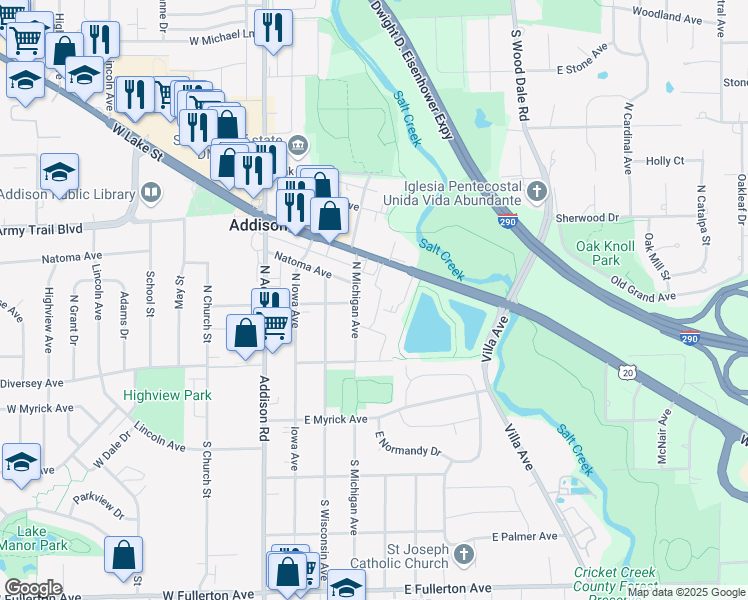 map of restaurants, bars, coffee shops, grocery stores, and more near 207 East Lake Street in Addison