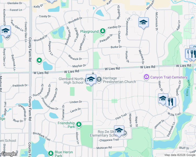 map of restaurants, bars, coffee shops, grocery stores, and more near 991 Kuhn Road in Carol Stream