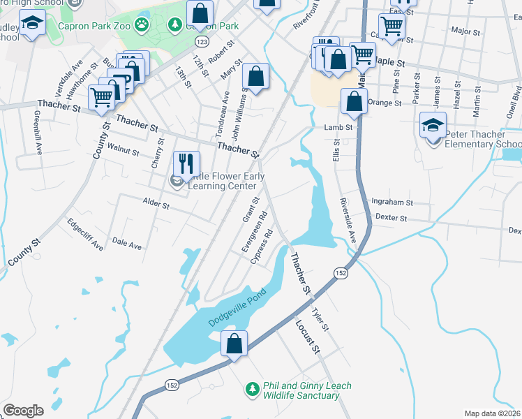 map of restaurants, bars, coffee shops, grocery stores, and more near 141 Thacher Street in Attleboro