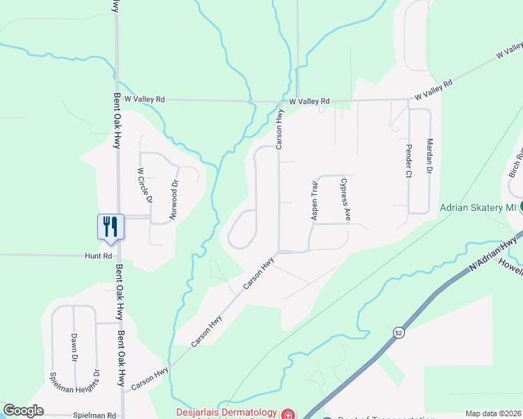 map of restaurants, bars, coffee shops, grocery stores, and more near 3158 Beaver Creek Ridge in Adrian