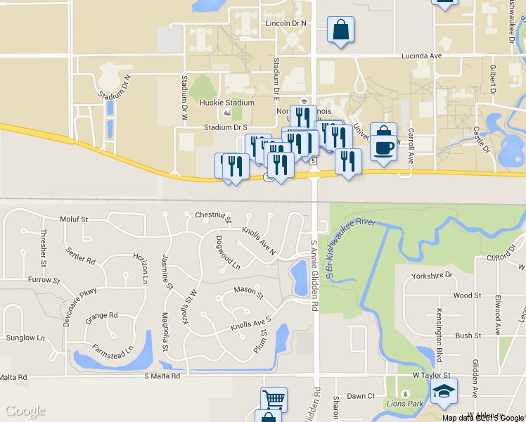 map of restaurants, bars, coffee shops, grocery stores, and more near 315 Ash Court in DeKalb