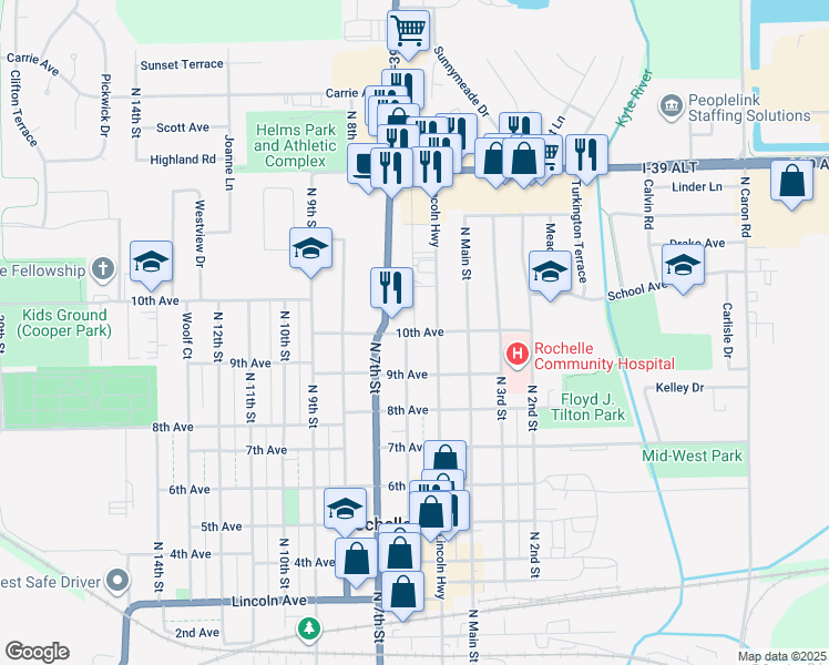 map of restaurants, bars, coffee shops, grocery stores, and more near 507 10th Avenue in Rochelle