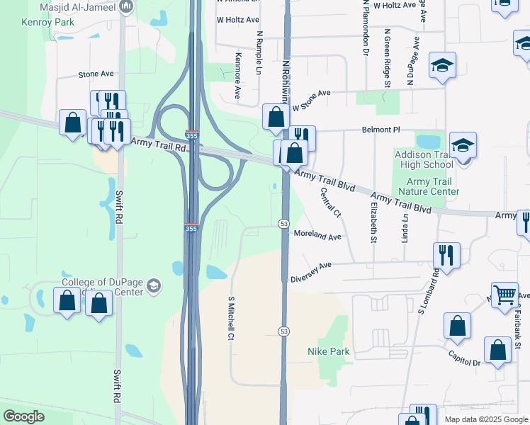 map of restaurants, bars, coffee shops, grocery stores, and more near 146 Auburn Hills Lane in Addison