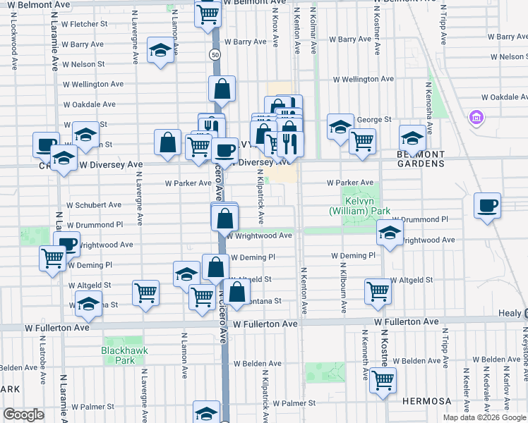 map of restaurants, bars, coffee shops, grocery stores, and more near 4651 West Schubert Avenue in Chicago
