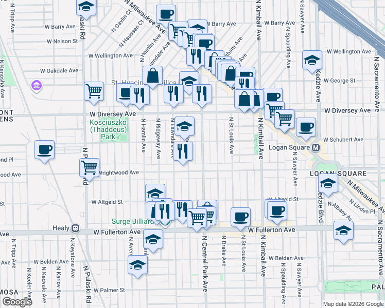 map of restaurants, bars, coffee shops, grocery stores, and more near 2636 North Monticello Avenue in Chicago