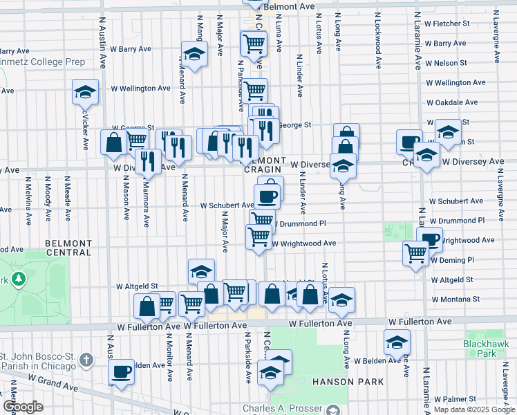 map of restaurants, bars, coffee shops, grocery stores, and more near 2658 North Central Avenue in Chicago