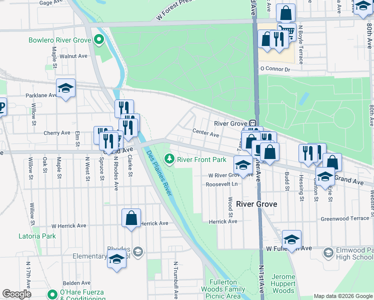 map of restaurants, bars, coffee shops, grocery stores, and more near 8625 Grand Avenue in River Grove