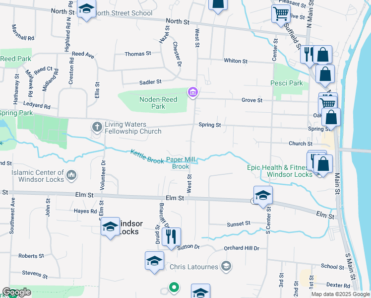 map of restaurants, bars, coffee shops, grocery stores, and more near 34 West Street in Windsor Locks