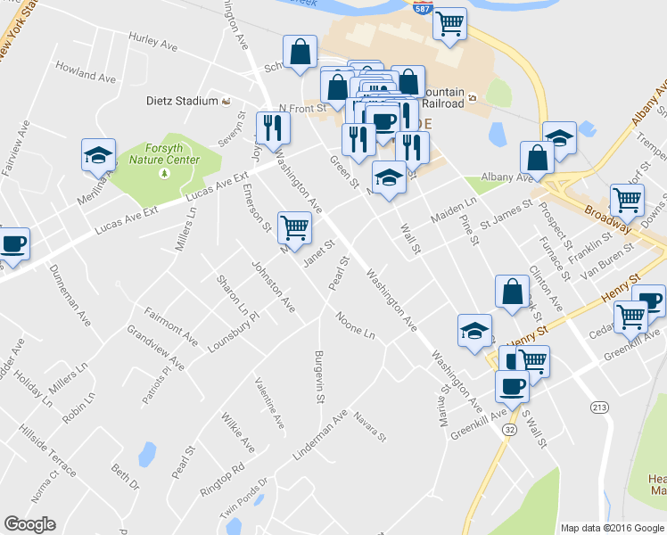 map of restaurants, bars, coffee shops, grocery stores, and more near 155 Pearl Street in Kingston