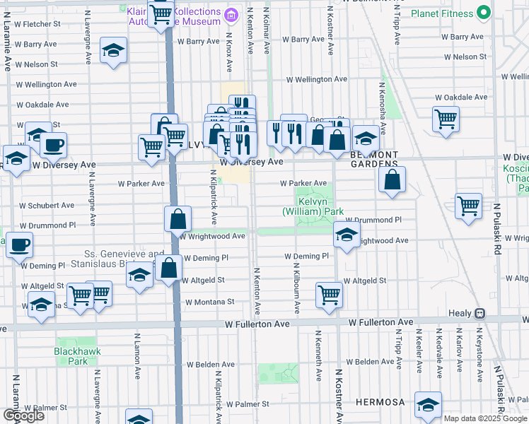 map of restaurants, bars, coffee shops, grocery stores, and more near 4547 West Schubert Avenue in Chicago