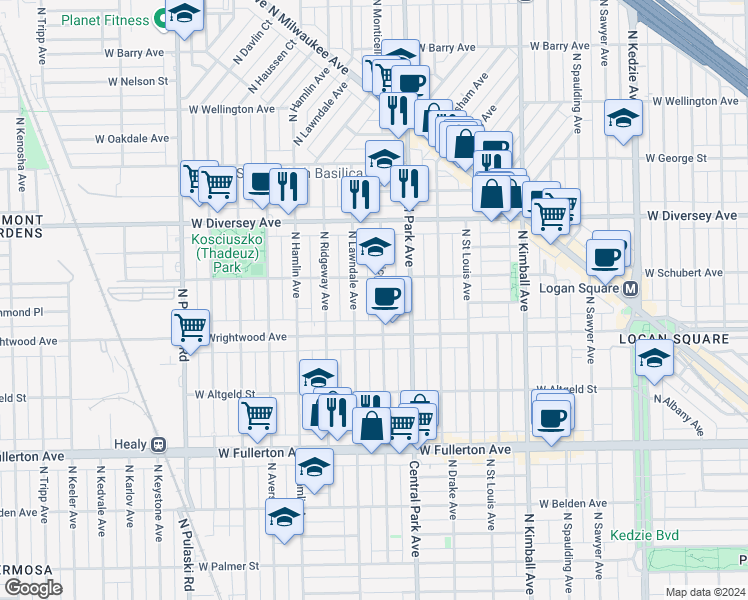 map of restaurants, bars, coffee shops, grocery stores, and more near 2636 North Monticello Avenue in Chicago