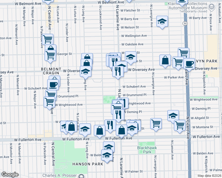 map of restaurants, bars, coffee shops, grocery stores, and more near 5231 West Schubert Avenue in Chicago