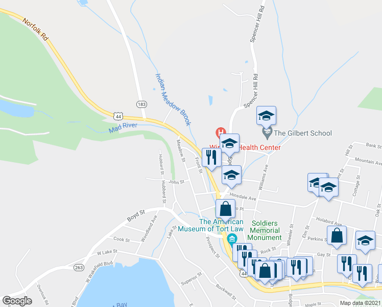 map of restaurants, bars, coffee shops, grocery stores, and more near 79 Front Street in Winsted
