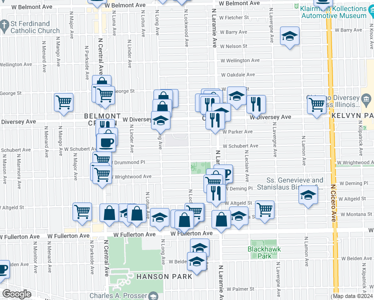 map of restaurants, bars, coffee shops, grocery stores, and more near 5301 West Schubert Avenue in Chicago