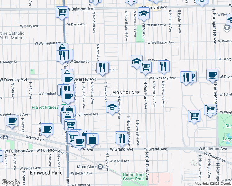 map of restaurants, bars, coffee shops, grocery stores, and more near 2712 North Newland Avenue in Chicago