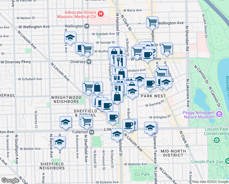 map of restaurants, bars, coffee shops, grocery stores, and more near 812A West Wrightwood Avenue in Chicago