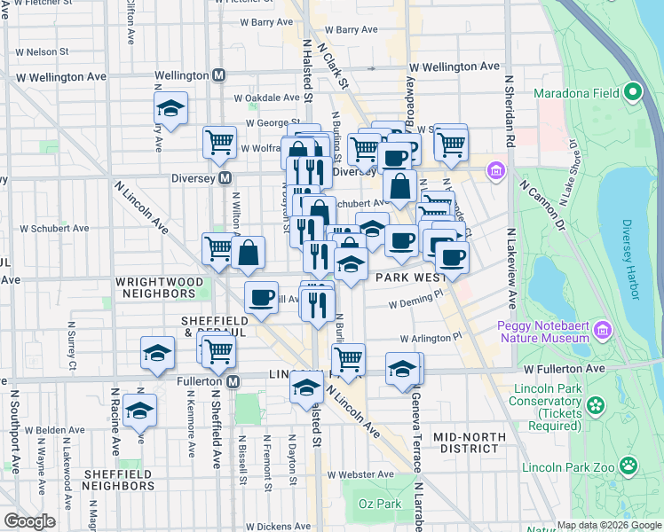 map of restaurants, bars, coffee shops, grocery stores, and more near 734 West Wrightwood Avenue in Chicago