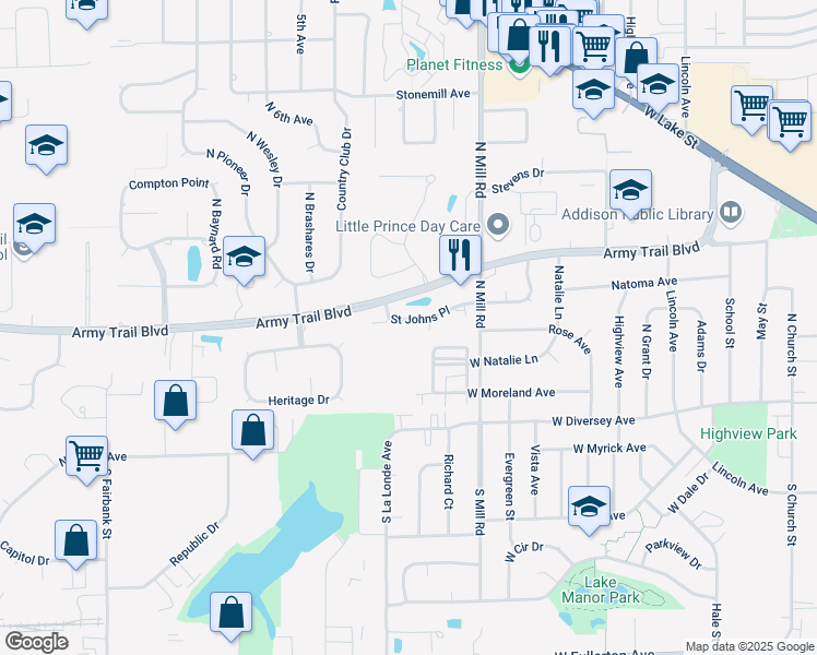 map of restaurants, bars, coffee shops, grocery stores, and more near 727 Saint Johns Place in Addison