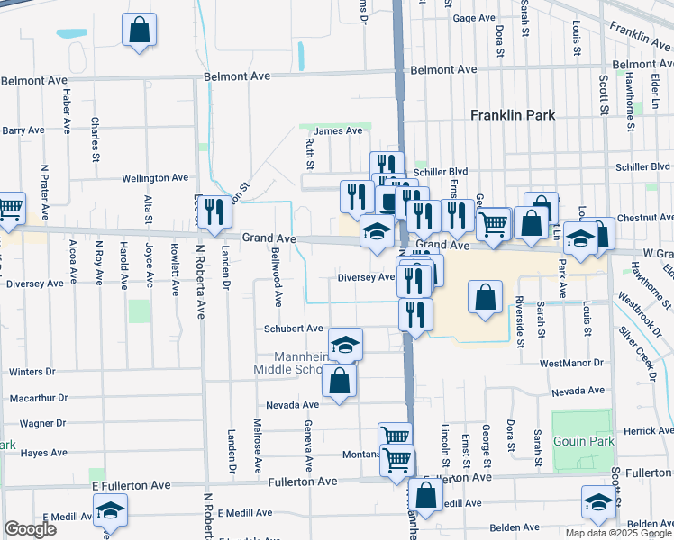 map of restaurants, bars, coffee shops, grocery stores, and more near 10512 Diversey Avenue in Melrose Park