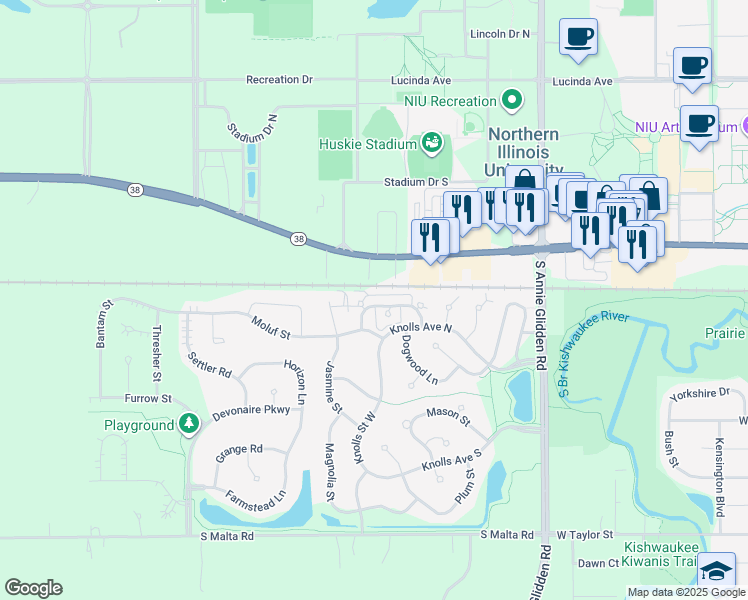 map of restaurants, bars, coffee shops, grocery stores, and more near 1351 Chestnut Street in DeKalb