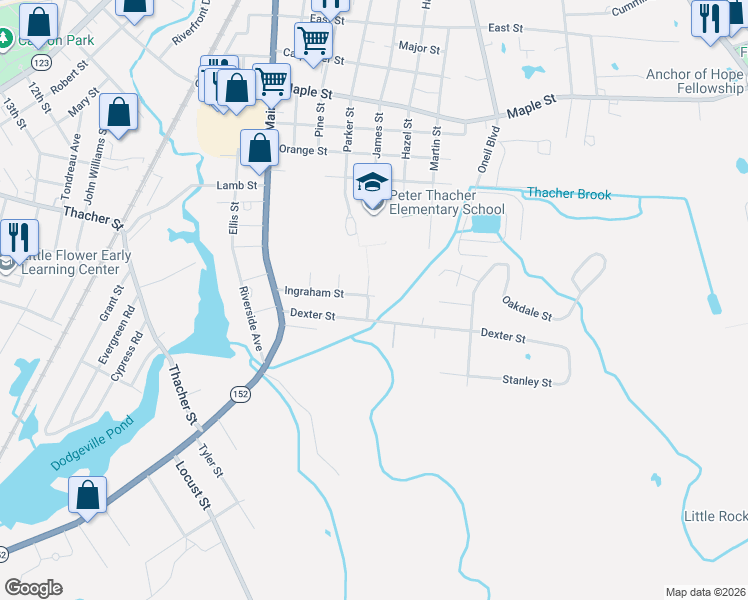 map of restaurants, bars, coffee shops, grocery stores, and more near 65 Ingraham Street in Attleboro