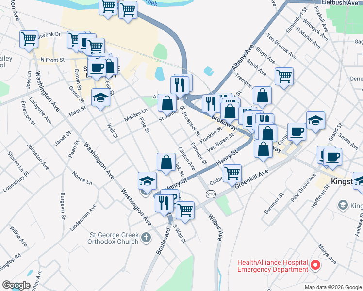 map of restaurants, bars, coffee shops, grocery stores, and more near 70 Liberty Street in Kingston